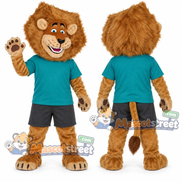 Brown Lion Mascot Costume with Teal Shirt and Gray Shorts