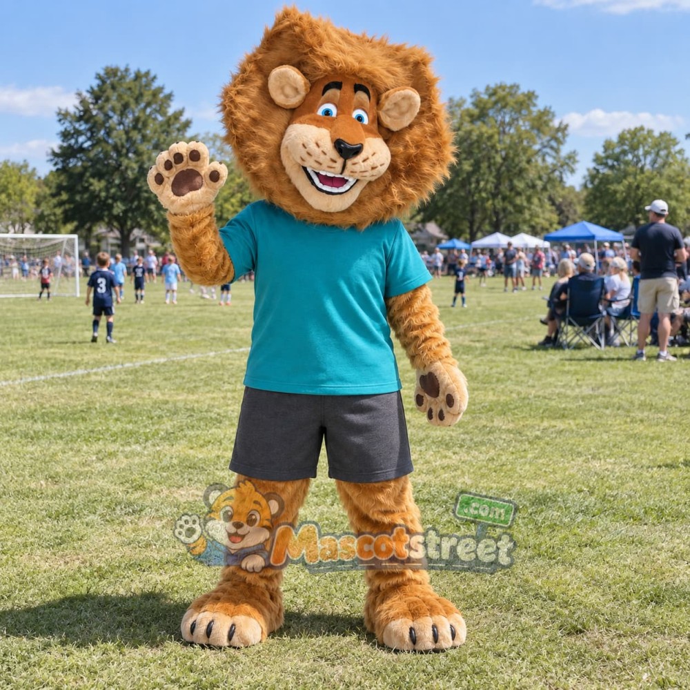 Brown Lion Mascot Costume with Teal Shirt and Gray Shorts