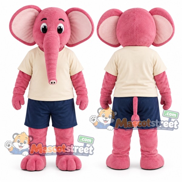 Pink Elephant Mascot Costume with Cream Shirt and Navy Shorts