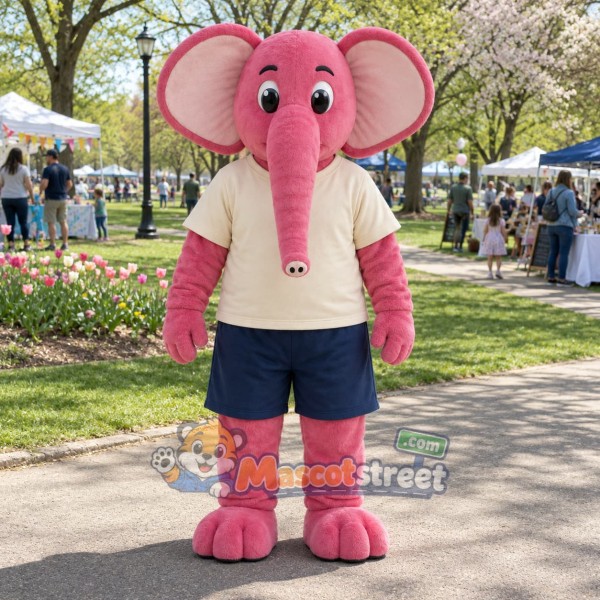 Pink Elephant Mascot Costume with Cream Shirt and Navy Shorts