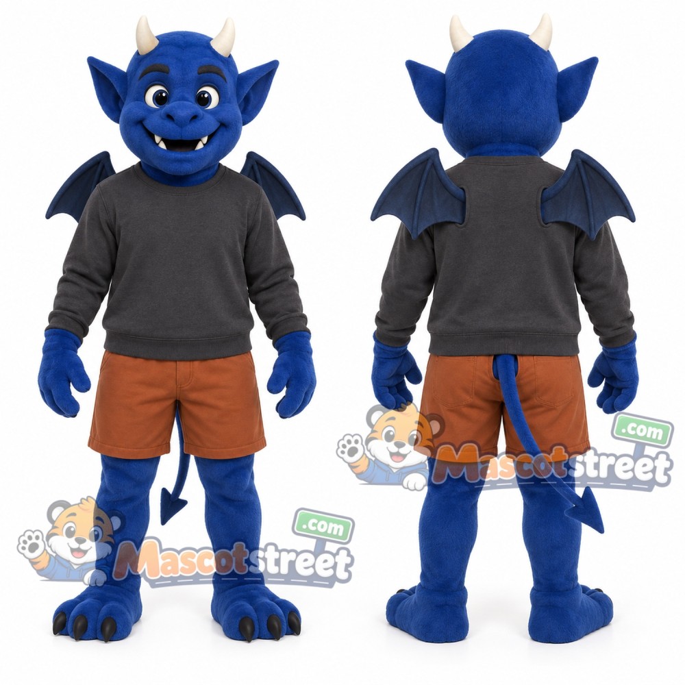 Blue Devil Mascot Costume with Gray Shirt and Brown Shorts