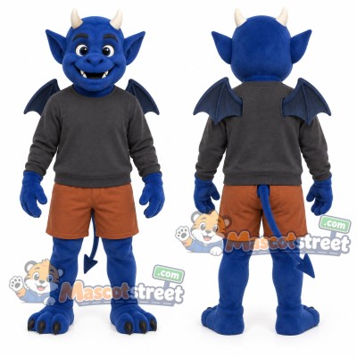 Blue Devil Mascot Costume with Gray Shirt and Brown Shorts