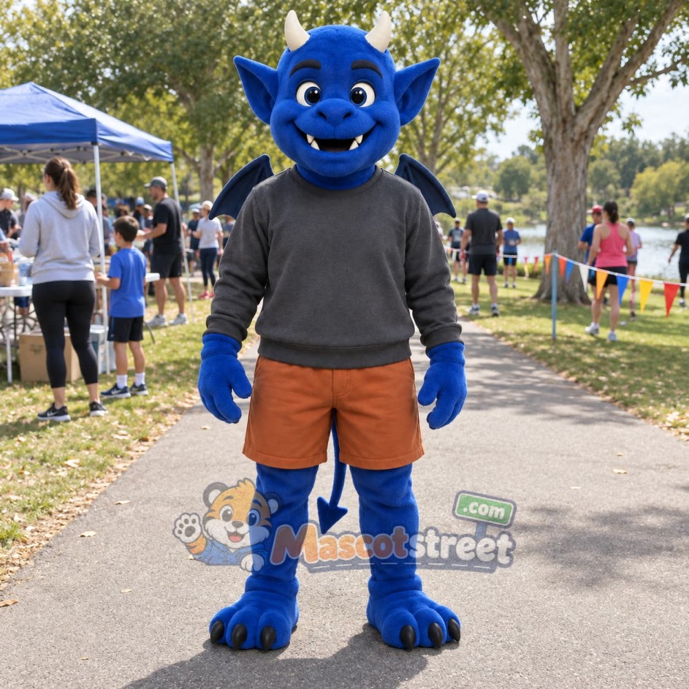 Blue Devil Mascot Costume with Gray Shirt and Brown Shorts