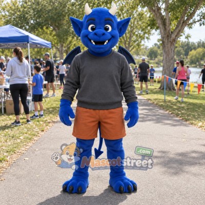 Blue Devil Mascot Costume with Gray Shirt and Brown Shorts