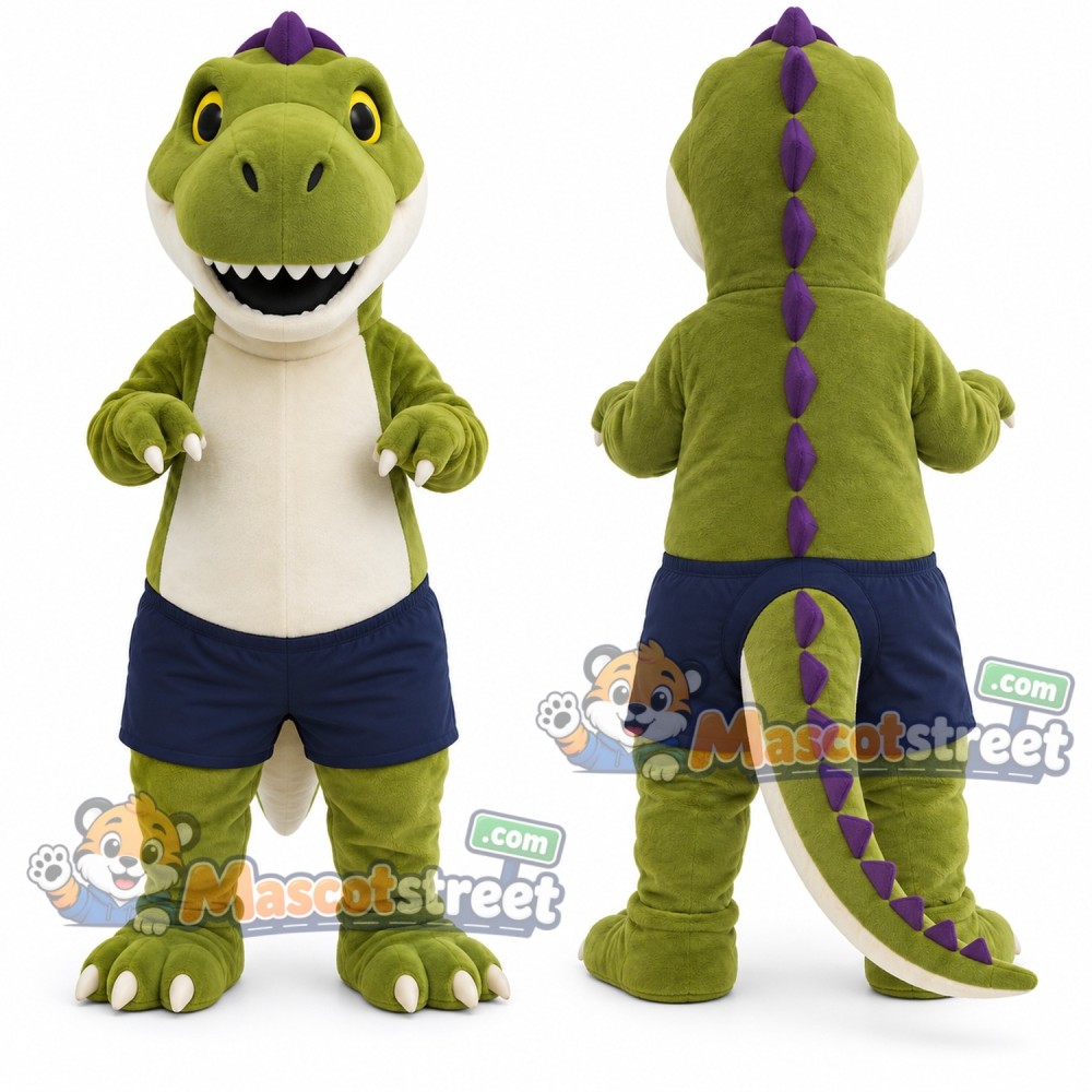 Green Dinosaur Mascot Costume with Cream Shirt and Navy Shorts Green Dinosaur Mascot Costume with Cream Shirt and Navy Shorts