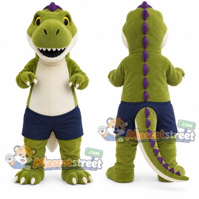 Green Dinosaur Mascot Costume with Cream Shirt and Navy Shorts Green Dinosaur Mascot Costume with Cream Shirt and Navy Shorts