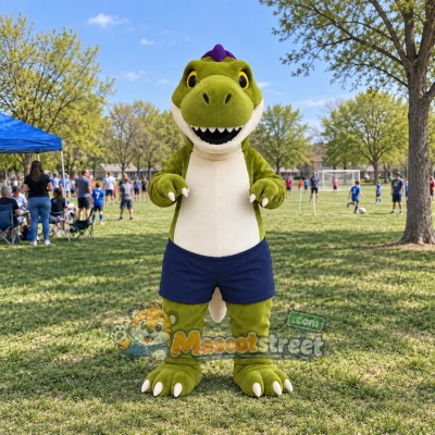 Green Dinosaur Mascot Costume with Cream Shirt and Navy Shorts Green Dinosaur Mascot Costume with Cream Shirt and Navy Shorts