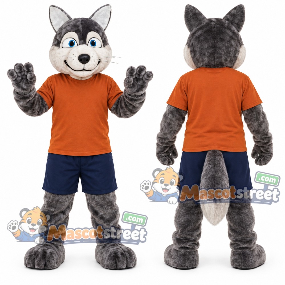 Gray Wolf Mascot Costume with Orange Shirt and Navy Shorts Gray Wolf Mascot Costume with Orange Shirt and Navy Shorts