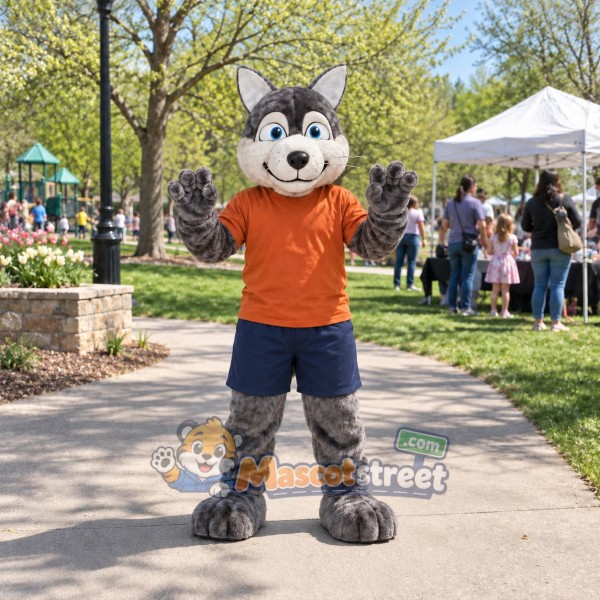 Gray Wolf Mascot Costume with Orange Shirt and Navy Shorts
