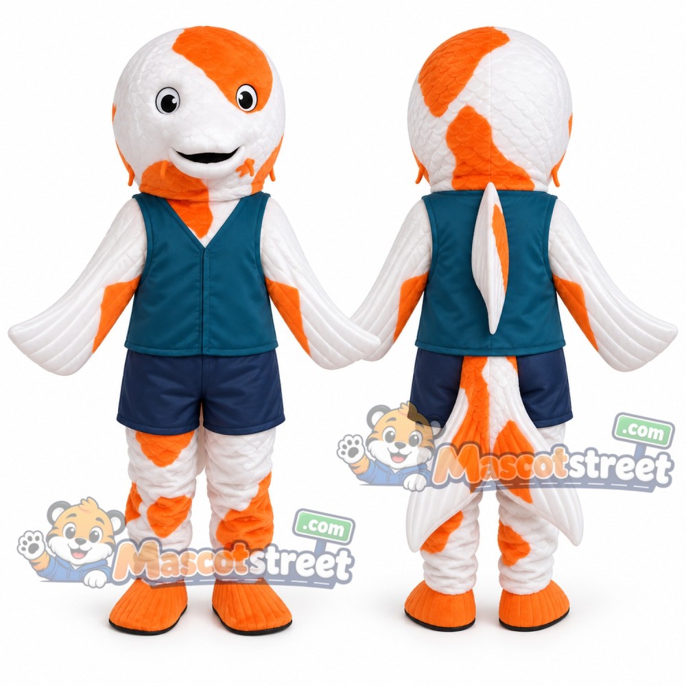 Orange and White Koi Fish Mascot Costume with Teal Vest and Navy Shorts Orange and White Koi Fish Mascot Costume with Teal Vest and Navy Shorts