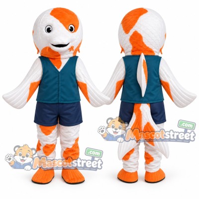 Orange and White Koi Fish Mascot Costume with Teal Vest and Navy Shorts Orange and White Koi Fish Mascot Costume with Teal Vest and Navy Shorts