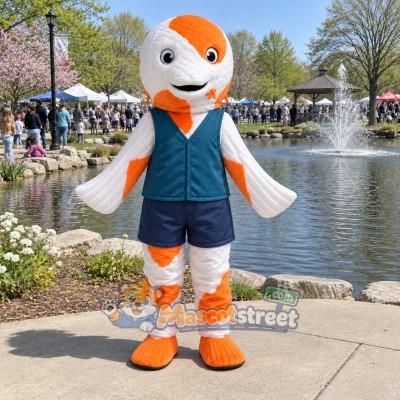 Orange and White Koi Fish Mascot Costume with Teal Vest and Navy Shorts Orange and White Koi Fish Mascot Costume with Teal Vest and Navy Shorts