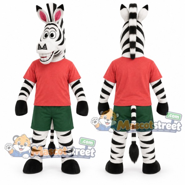 Zebra Mascot Costume with Coral Shirt and Green Shorts