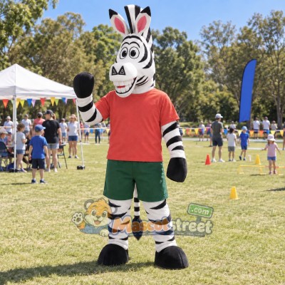 Zebra Mascot Costume with Coral Shirt and Green Shorts Zebra Mascot Costume with Coral Shirt and Green Shorts