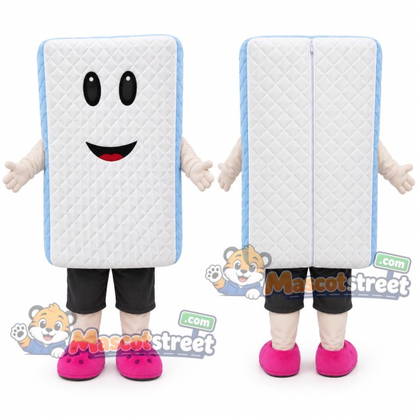 White Mattress Character Mascot Costume with Gray Shorts and Pink Shoes