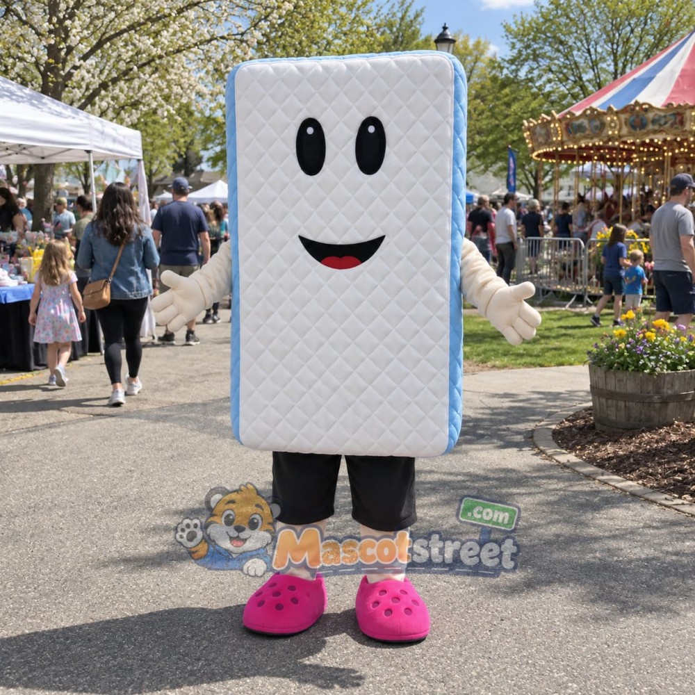 White Mattress Character Mascot Costume with Gray Shorts and Pink Shoes
