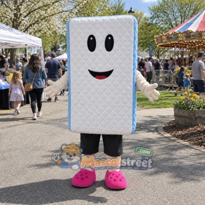 White Mattress Character Mascot Costume with Gray Shorts and Pink Shoes