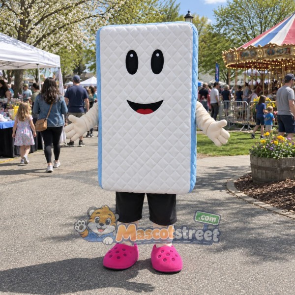 White Mattress Character Mascot Costume with Gray Shorts and Pink Shoes