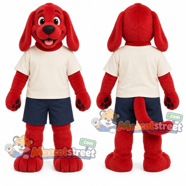 Red Dog Mascot Costume with Cream Shirt and Navy Shorts