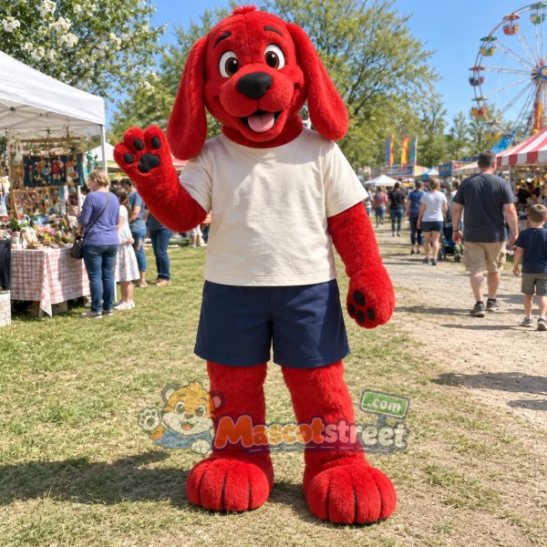 Red Dog Mascot Costume with Cream Shirt and Navy Shorts