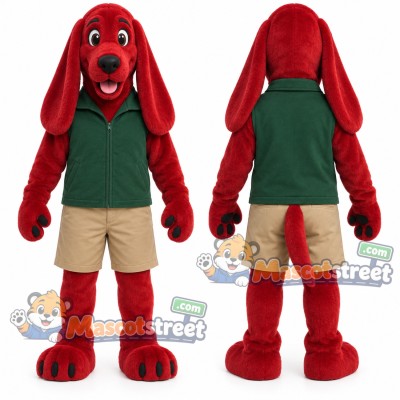 Red Dog Mascot Costume with Green Shirt and Khaki Shorts Red Dog Mascot Costume with Green Shirt and Khaki Shorts