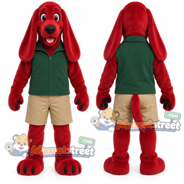 Red Dog Mascot Costume with Green Shirt and Khaki Shorts