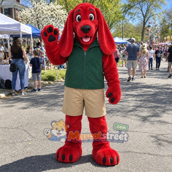 Red Dog Mascot Costume with Green Shirt and Khaki Shorts