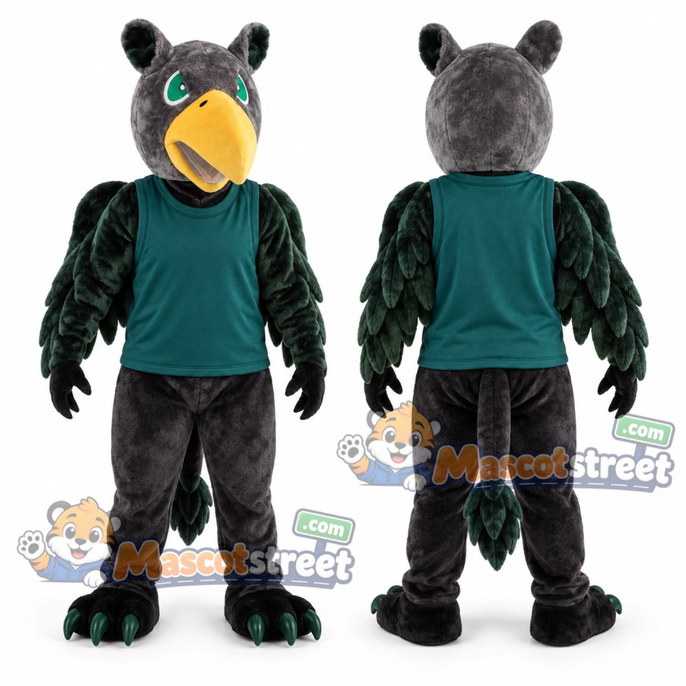 Black Griffin Mascot Costume with Teal Shirt Black Griffin Mascot Costume with Teal Shirt