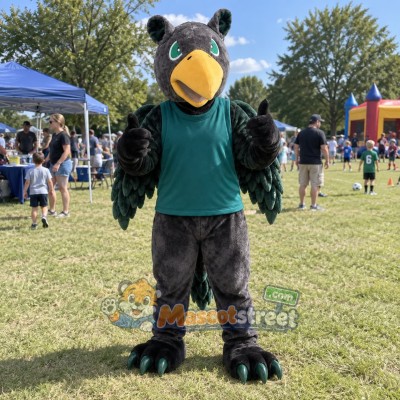 Black Griffin Mascot Costume with Teal Shirt Black Griffin Mascot Costume with Teal Shirt