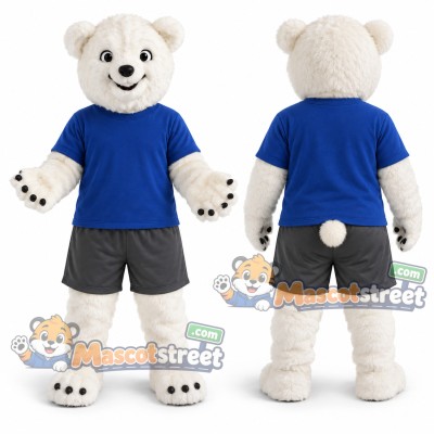 Polar Bear Mascot Costume with Blue Shirt and Gray Shorts Polar Bear Mascot Costume with Blue Shirt and Gray Shorts