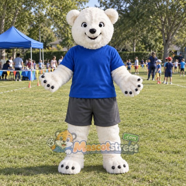 Polar Bear Mascot Costume with Blue Shirt and Gray Shorts