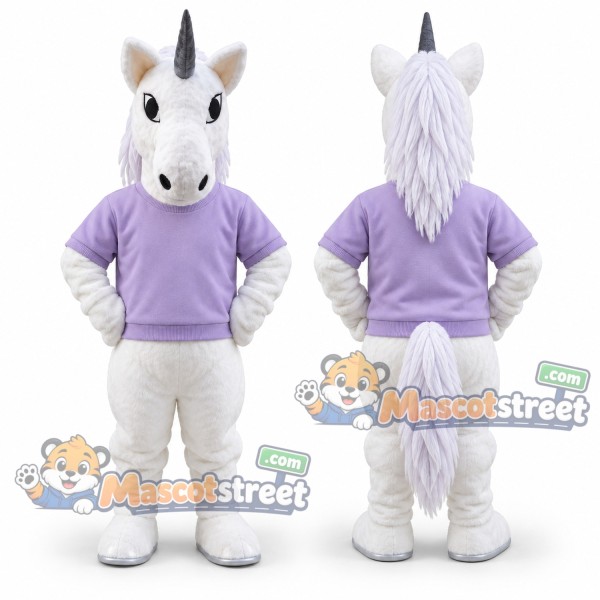 White Unicorn Mascot Costume with Purple Shirt