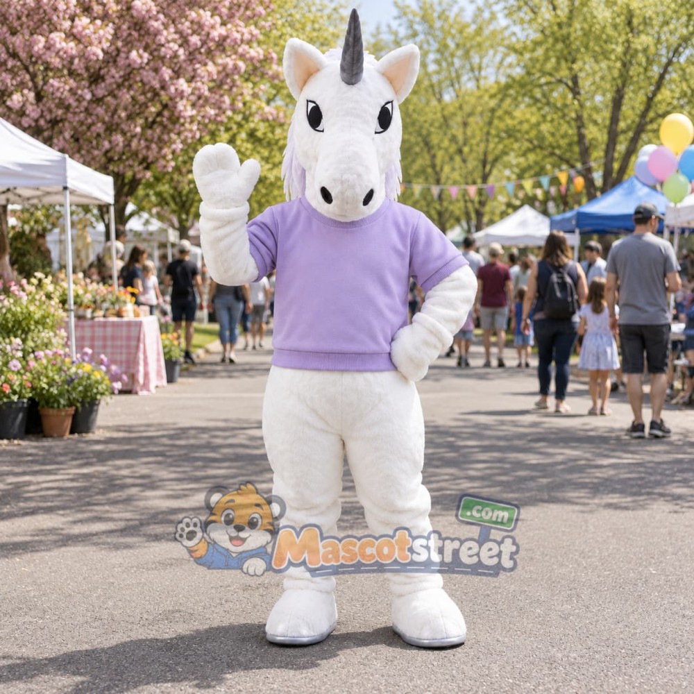 White Unicorn Mascot Costume with Purple Shirt