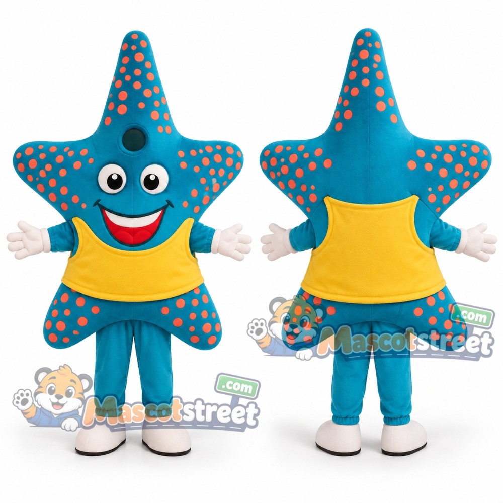 Blue Starfish Mascot Costume with Yellow Shirt Blue Starfish Mascot Costume with Yellow Shirt