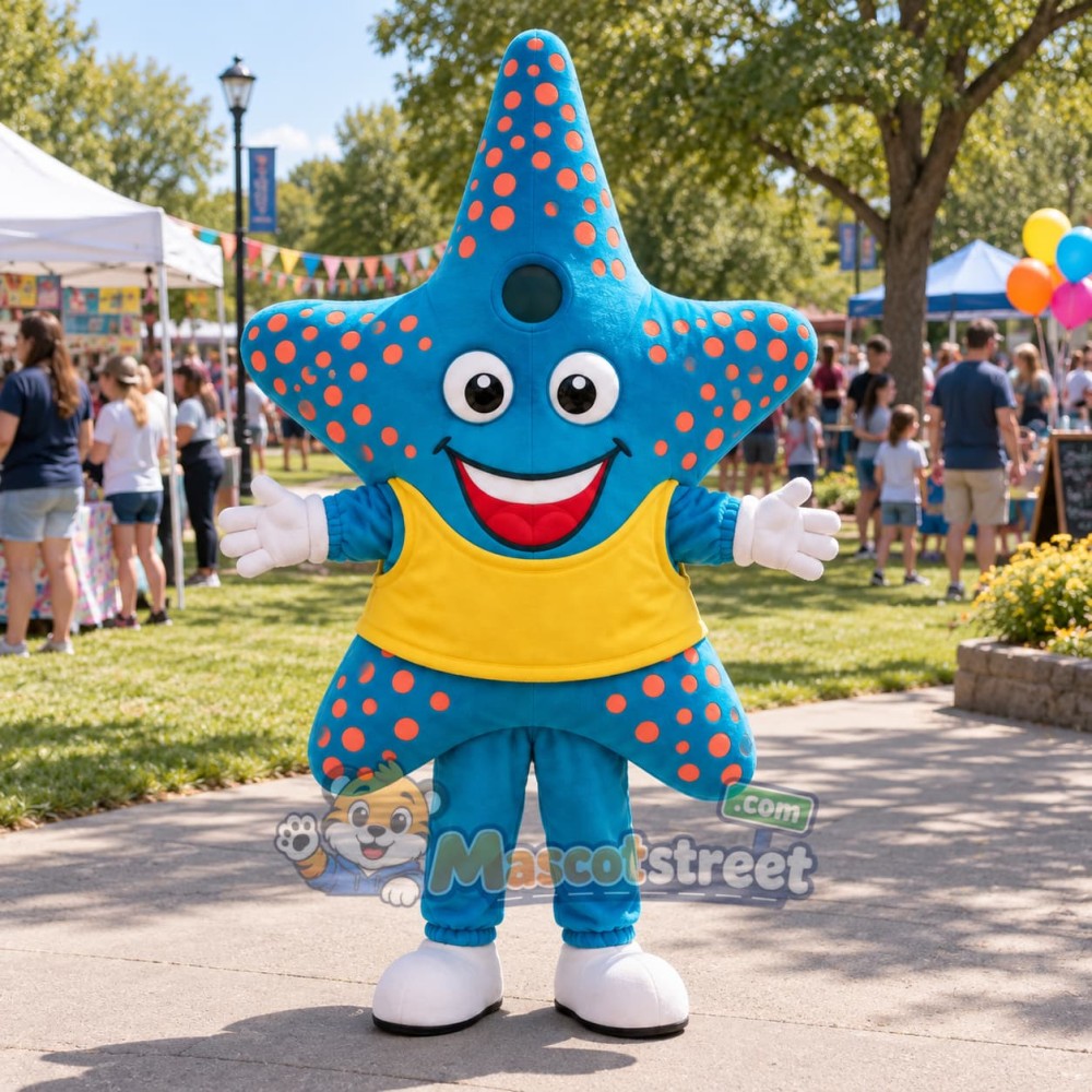 Blue Starfish Mascot Costume with Yellow Shirt Blue Starfish Mascot Costume with Yellow Shirt