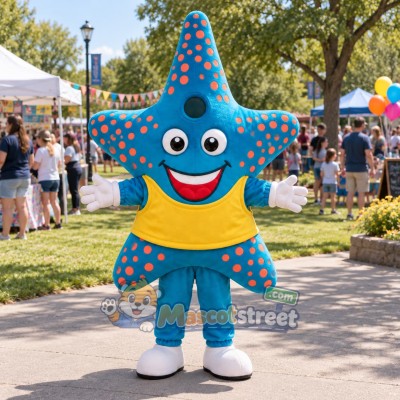 Blue Starfish Mascot Costume with Yellow Shirt Blue Starfish Mascot Costume with Yellow Shirt