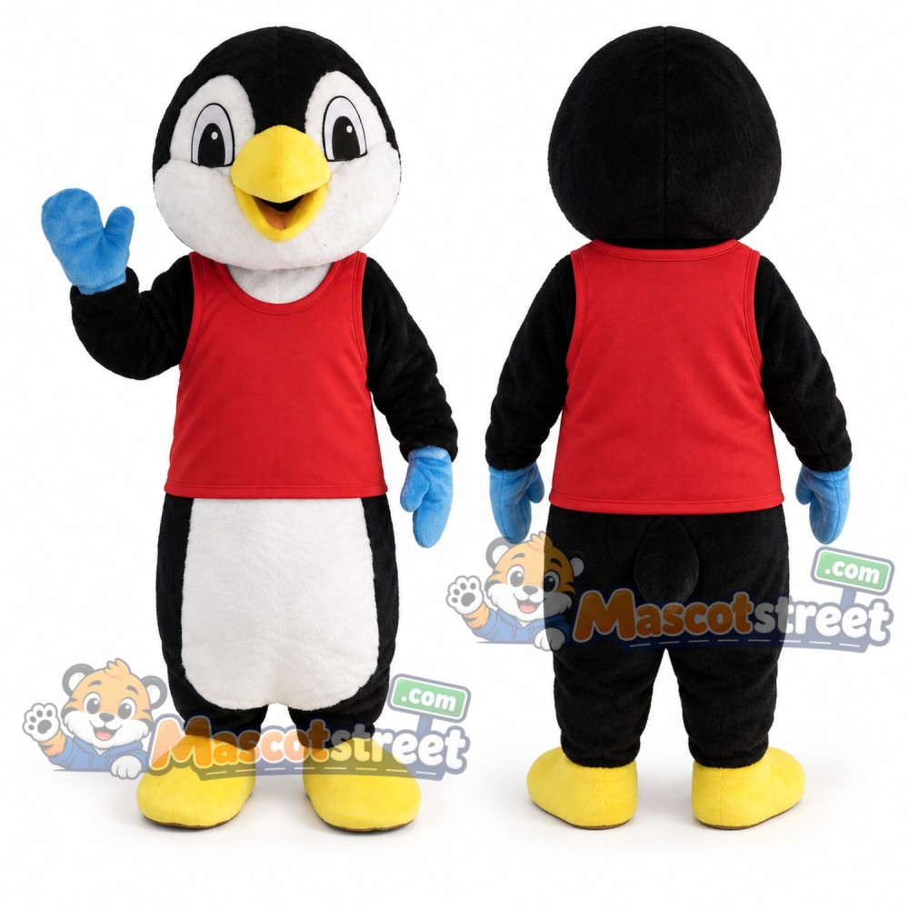 Penguin Mascot Costume with Red Shirt and Navy Shorts