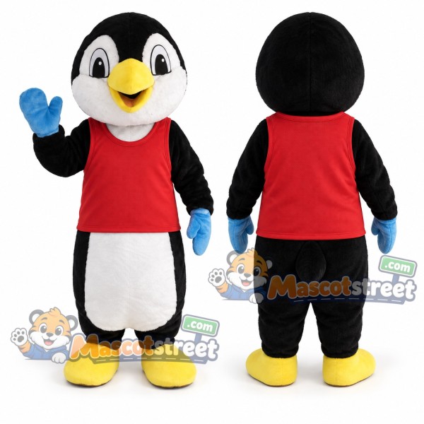 Penguin Mascot Costume with Red Shirt and Navy Shorts