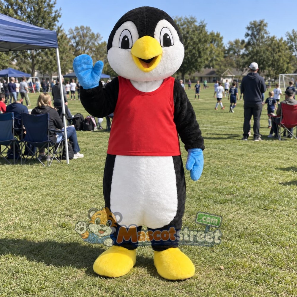 Penguin Mascot Costume with Red Shirt and Navy Shorts