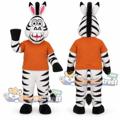 Zebra Mascot Costume with Orange Shirt and Black Top Hat