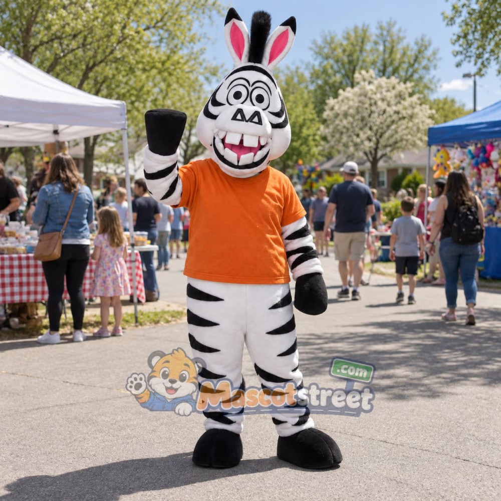 Zebra Mascot Costume with Orange Shirt and Black Top Hat