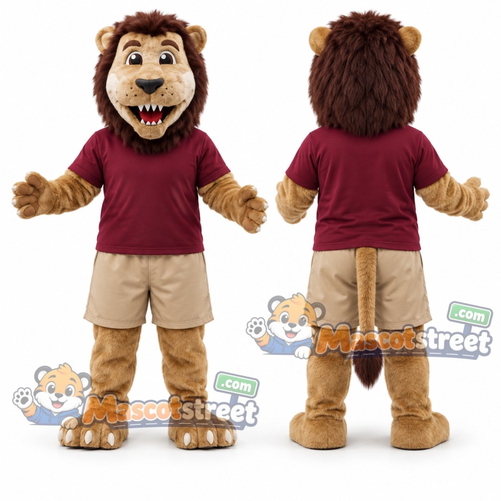 Brown Lion Mascot Costume with Burgundy Shirt and Khaki Shorts