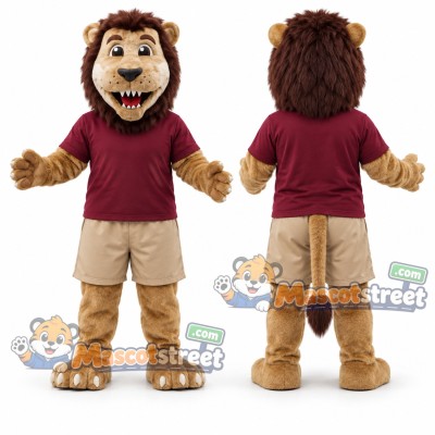 Brown Lion Mascot Costume with Burgundy Shirt and Khaki Shorts