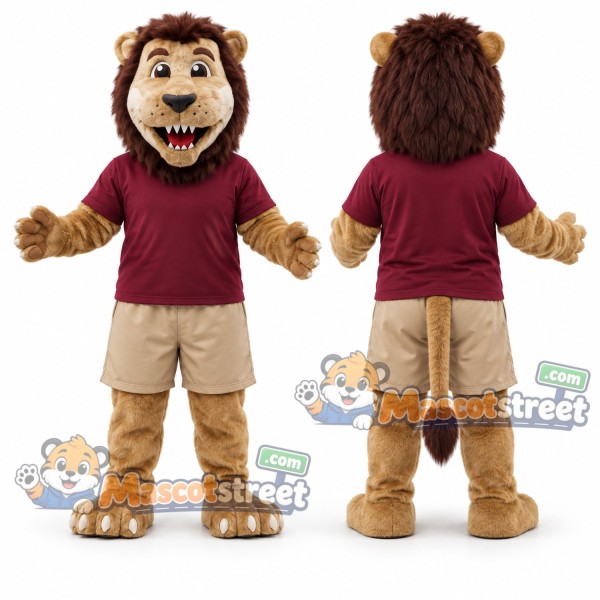Brown Lion Mascot Costume with Burgundy Shirt and Khaki Shorts