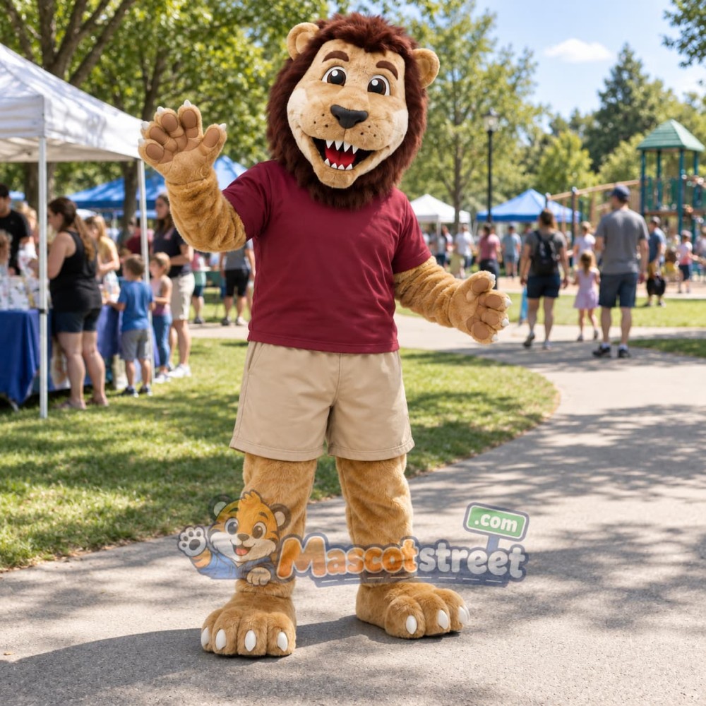 Brown Lion Mascot Costume with Burgundy Shirt and Khaki Shorts