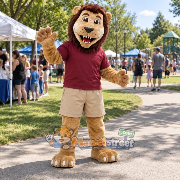 Brown Lion Mascot Costume with Burgundy Shirt and Khaki Shorts