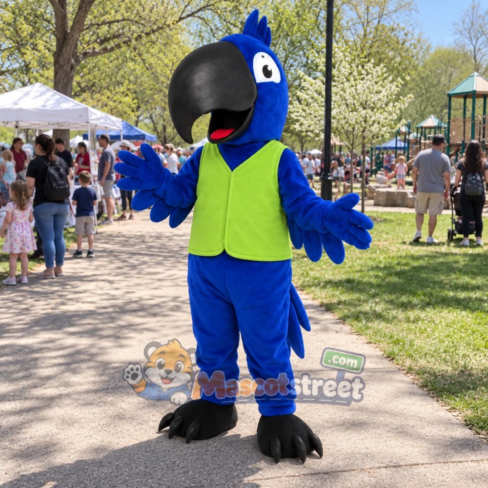 Blue Parrot Mascot Costume with Lime Vest