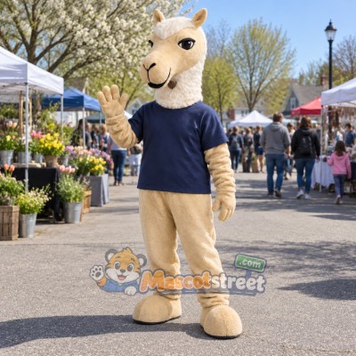 Tan Camel Mascot Costume with Navy Shirt Tan Camel Mascot Costume with Navy Shirt