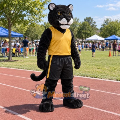 Black Panther Mascot Costume with Yellow Shirt