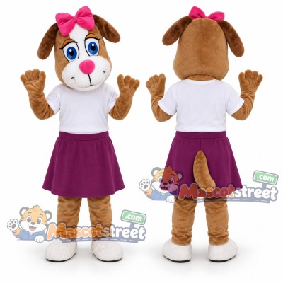 Brown and White Dog Mascot Costume with White Shirt and Purple Skirt Brown and White Dog Mascot Costume with White Shirt and Purple Skirt